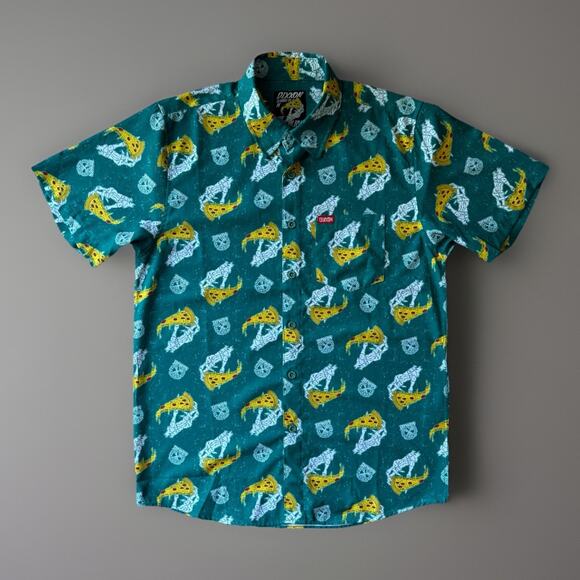 Dixxon Shirt M Green The Slice Pizza Short Sleeve Button Up Casual Workwear - Picture 1 of 8